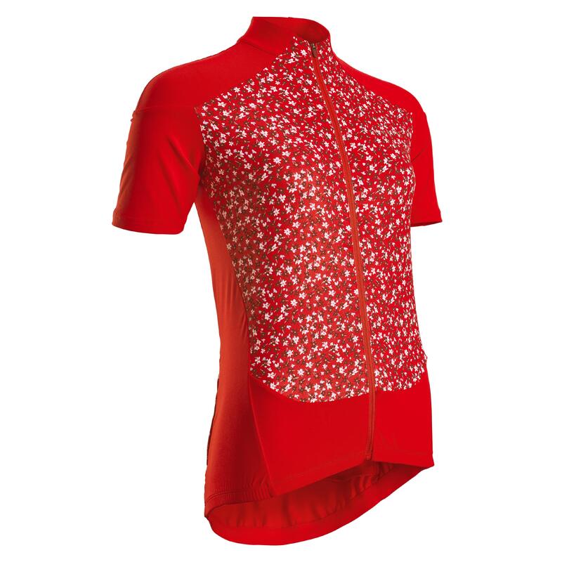 Fietsshirt voor dames RC500 korte mouwen bloemen rood
