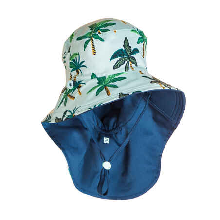 Chapeau Anti UV Bébé Réversible Bleu et Imprimé Palmiers