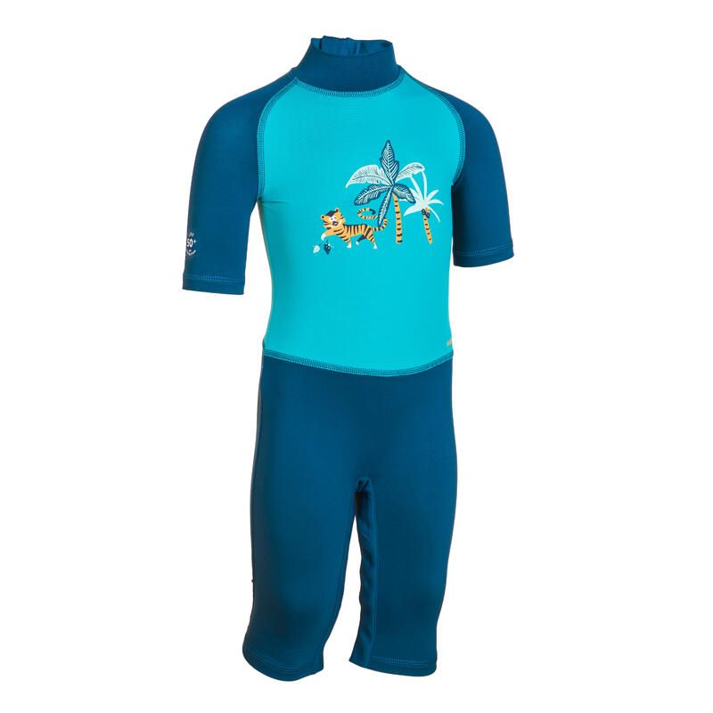 Baby / Kids’ Short-Sleeved Anti-UV Swimming Wetsuit - Blue with Tiger Print