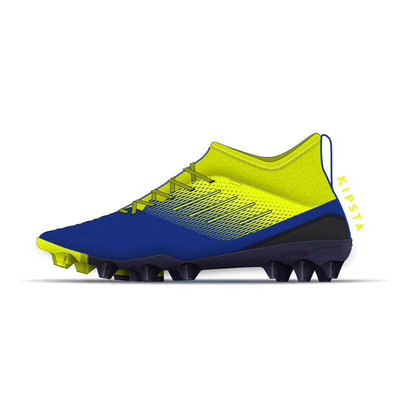 Chaussure de football enfant AGILITY 500 montante semelle MG bleu et jaune