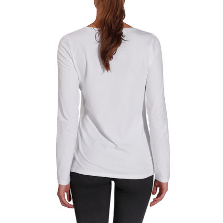 Women's Long-Sleeved Fitted-Cut Crew Neck Cotton Fitness T-Shirt 100 - Glacier White