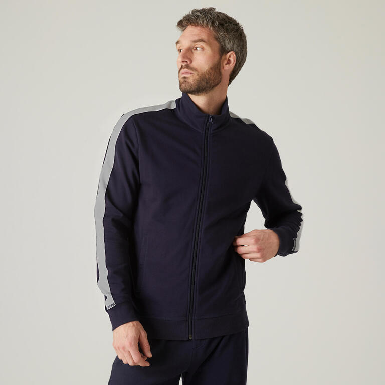 Men's Cotton Gym Zip Jacket 500 Blue Grey