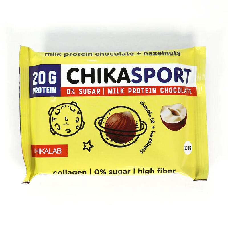 Молочный протеиновый шоколад CHIKALAB с фундуком 100г.
