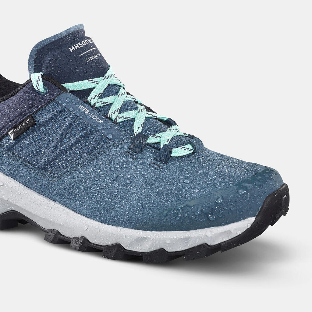 Tenis impermeables de senderismo en montaña azules para mujer MH500 WTP LOW