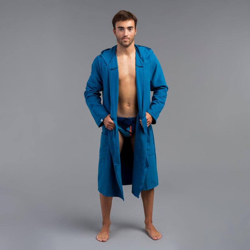 Men's Compact Microfibre Pool Bathrobe with Hood - Indigo Blue