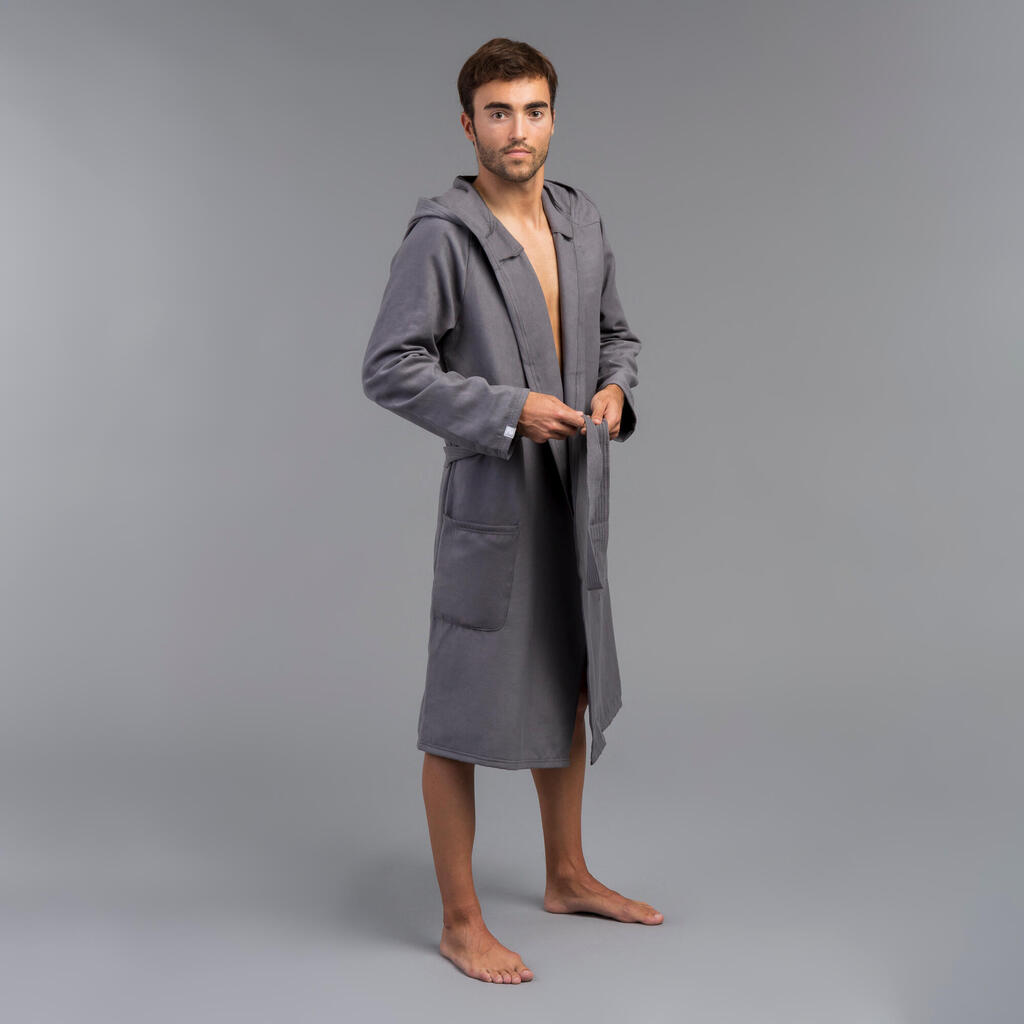 Men's compact microfibre pool bathrobe with hood dark blue