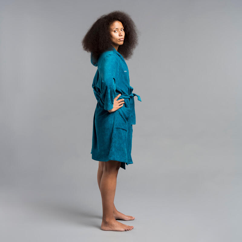 Badjas voor Dames dik Katoen Groen/Blauw met Capuchon en zakken