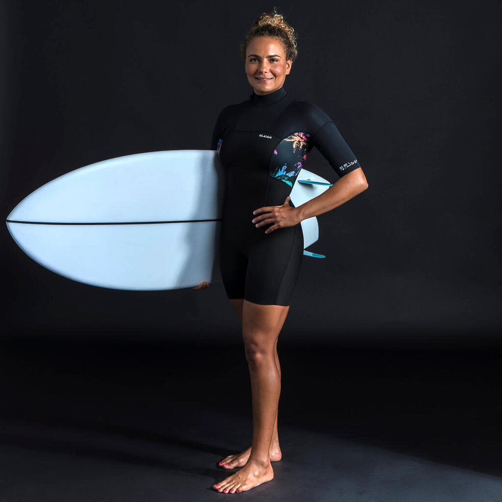 Women's surfing shorty short-sleeved with back zip 500 PALMDARK