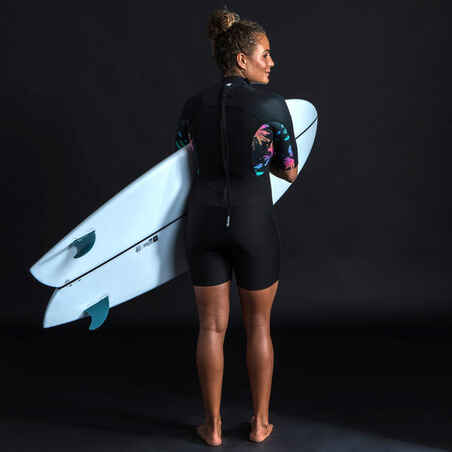 Women's surfing shorty short-sleeved with back zip 500 PALMDARK