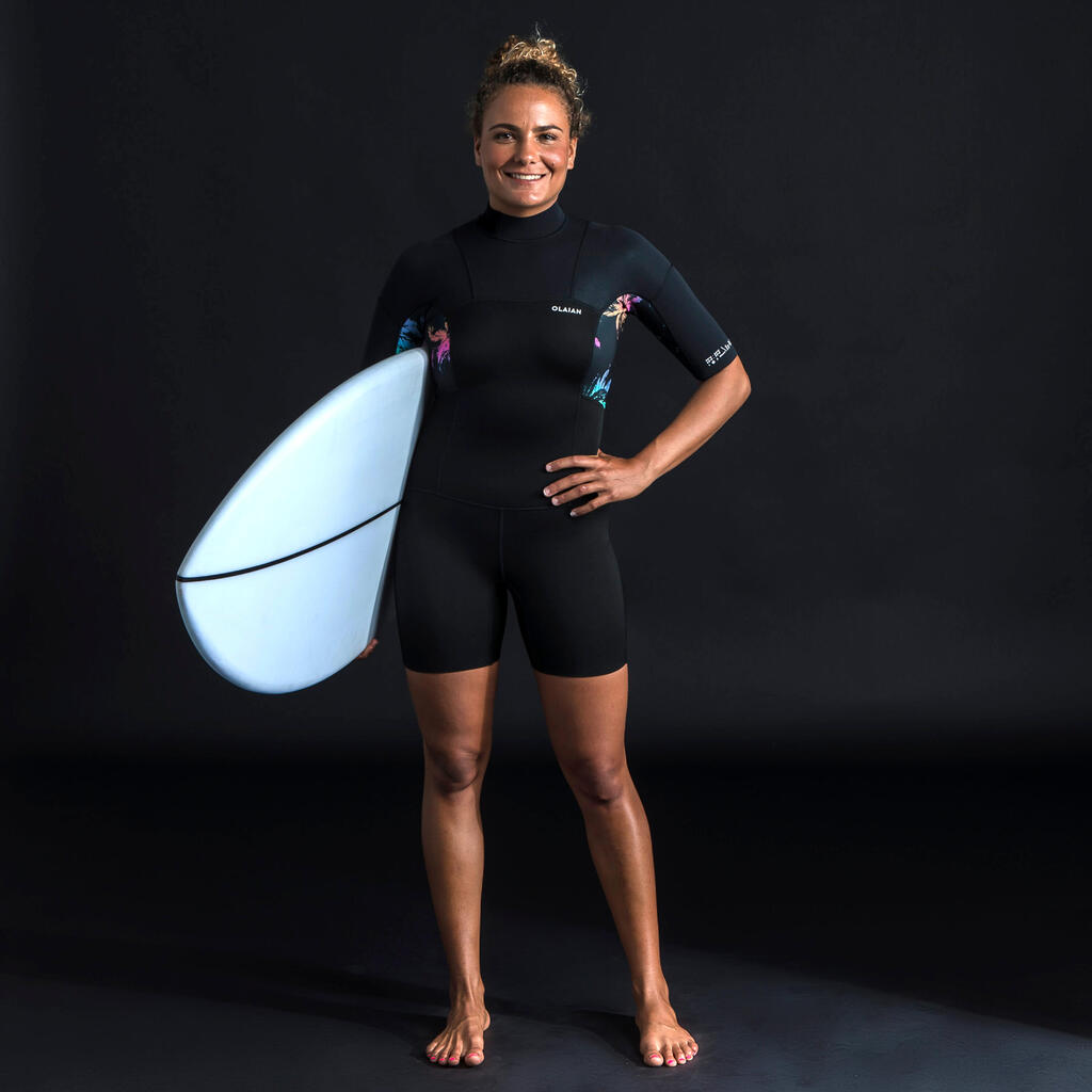 Women's surfing shorty short-sleeved with back zip 500 PALMDARK