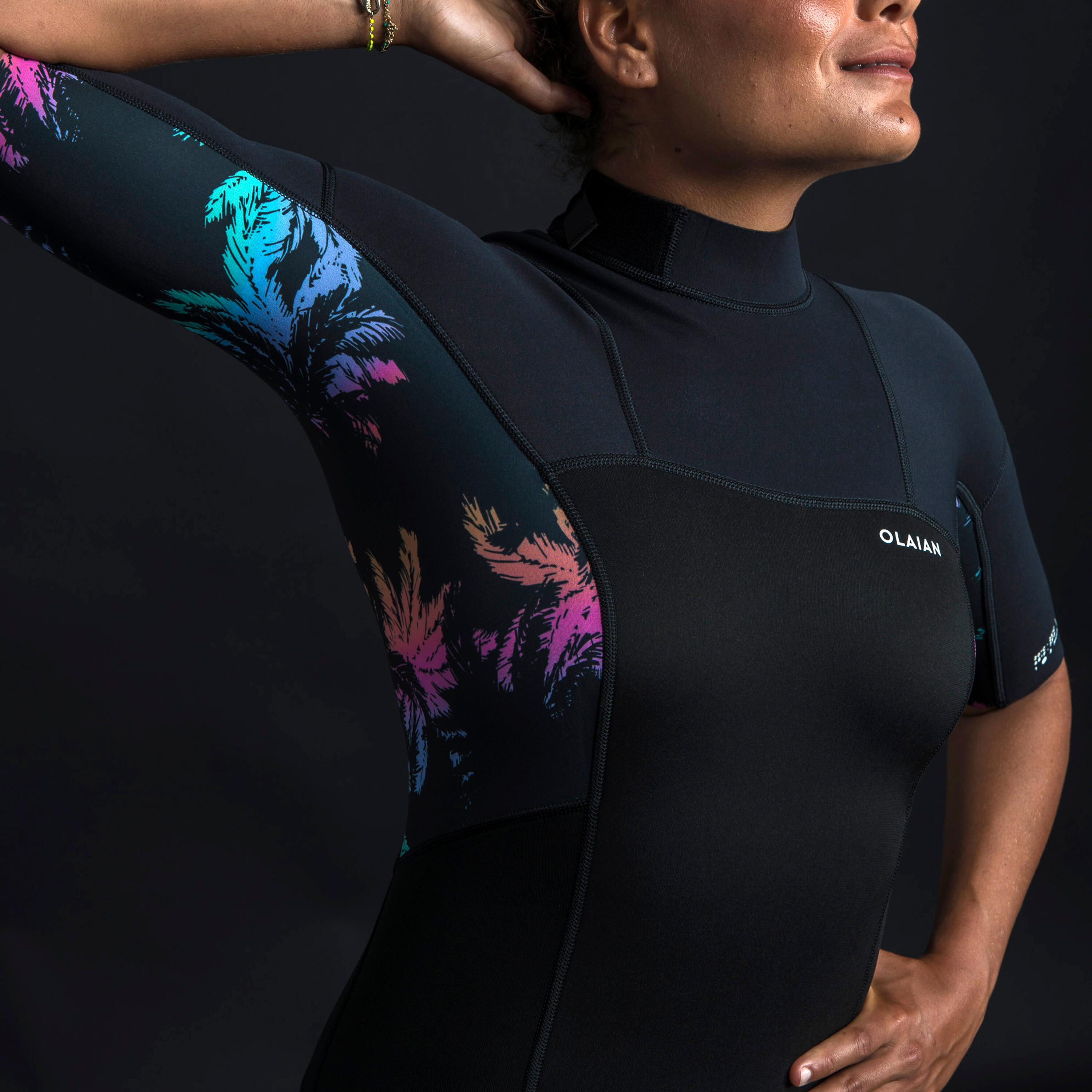 Women's surfing shorty short-sleeved with back zip 500 PALMDARK 6/10