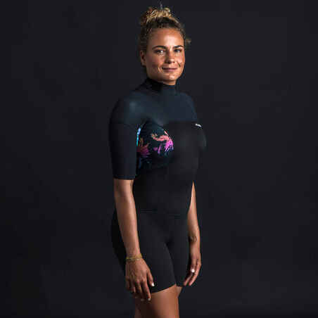 Women's surfing shorty short-sleeved with back zip 500 PALMDARK