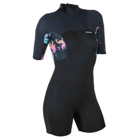 Women's surfing shorty short-sleeved with back zip 500 PALMDARK