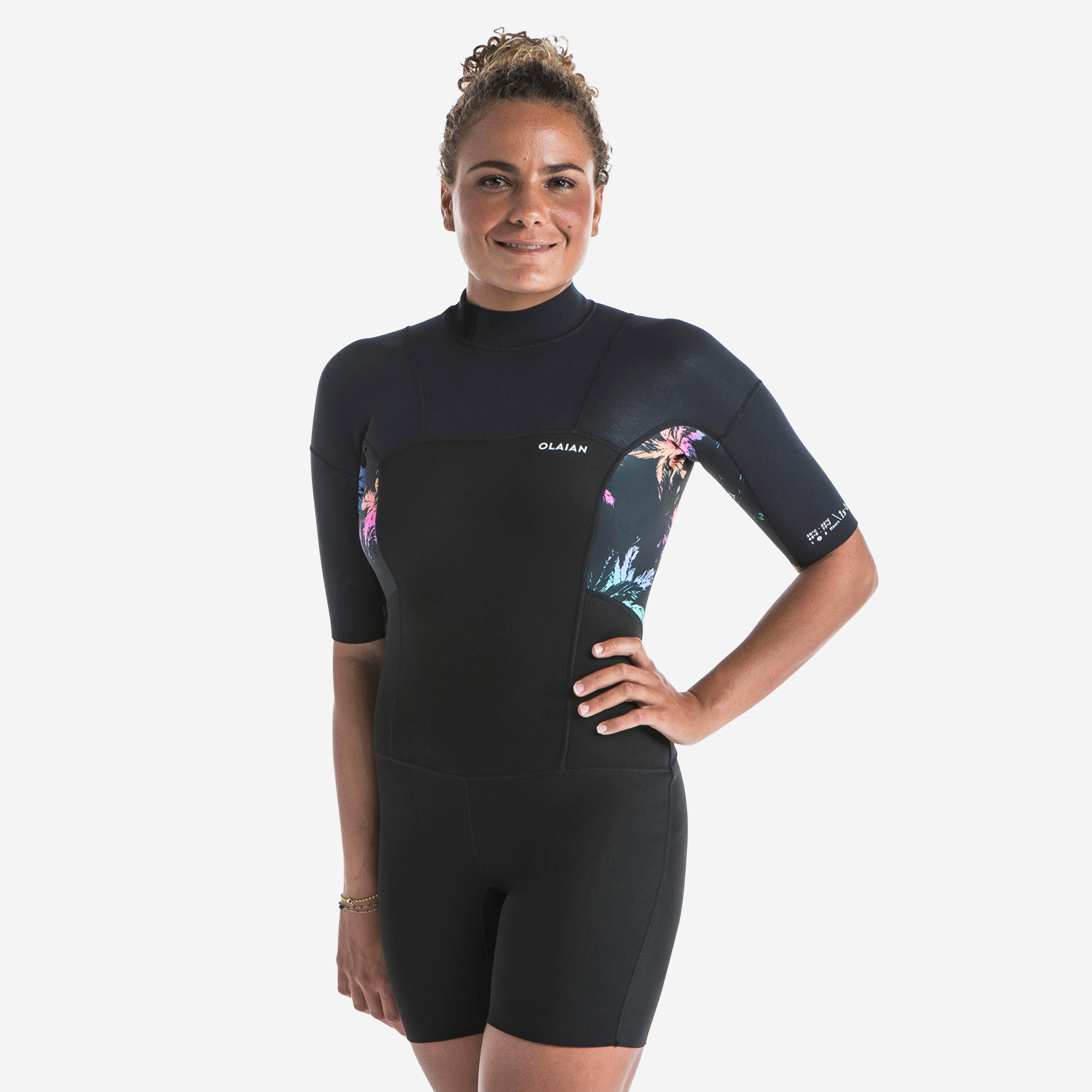 Women's surfing shorty short-sleeved with back zip 500 PALMDARK 1/10