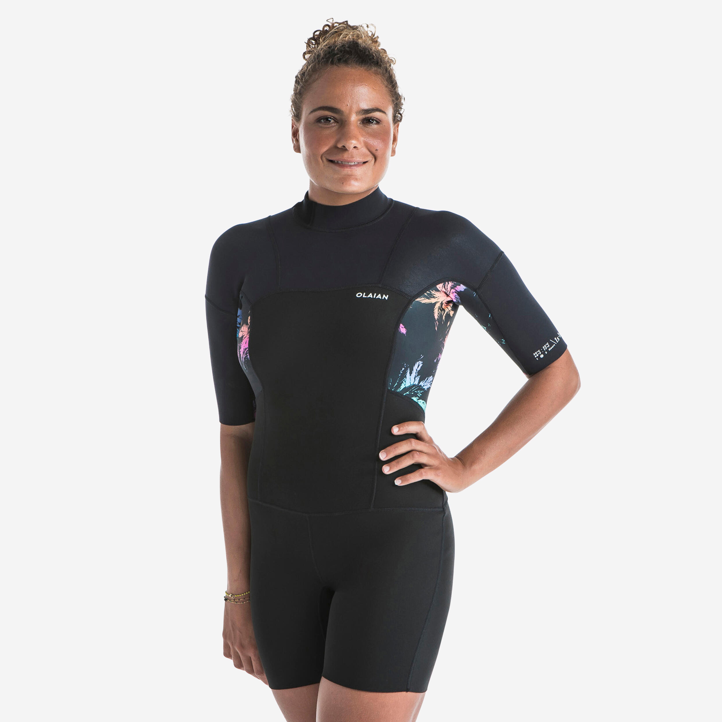 Women's surf SHORTY 500 PALMDARK zip back short sleeves