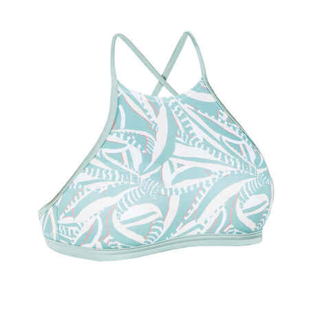 Top de bikini con almohadillas para Surf de mujer Olaian turquesa print