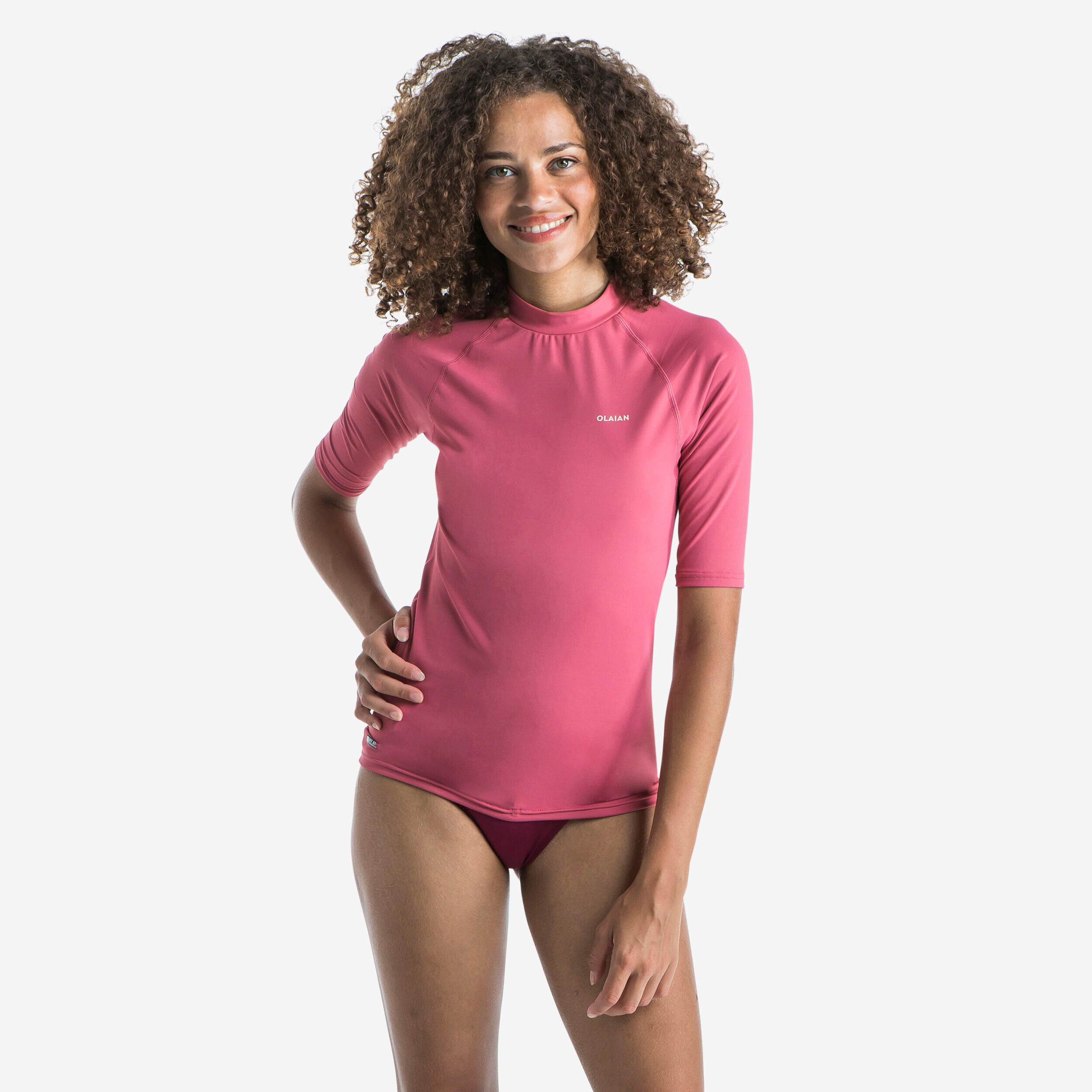 OLAIAN Women's anti-UV short-sleeve surf top T-shirt 100 - dusty pink