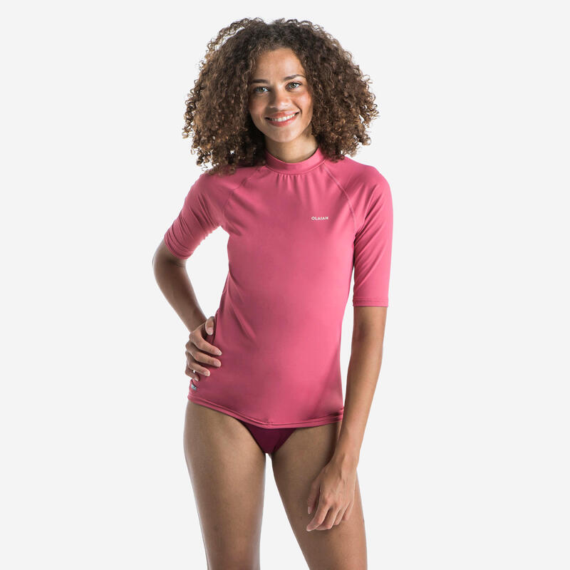 Női UV-szűrő póló szörfözéshez 100-as, rövid ujjú, rózsaszín