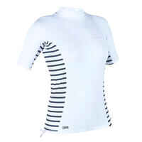 חולצת טי קצרה עם הגנת UV לגלישה דגם 500 MARIN לנשים - פסים לבן, אפור