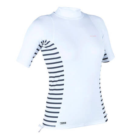 Women's Surfing UV-Protect Short Sleeve Top T-Shirt 500 MARIN STRIPE WHITE GREY