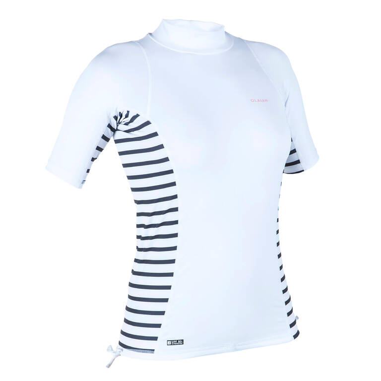 Women's Surfing UV-Protect Short Sleeve Top T-Shirt 500 MARIN STRIPE WHITE GREY