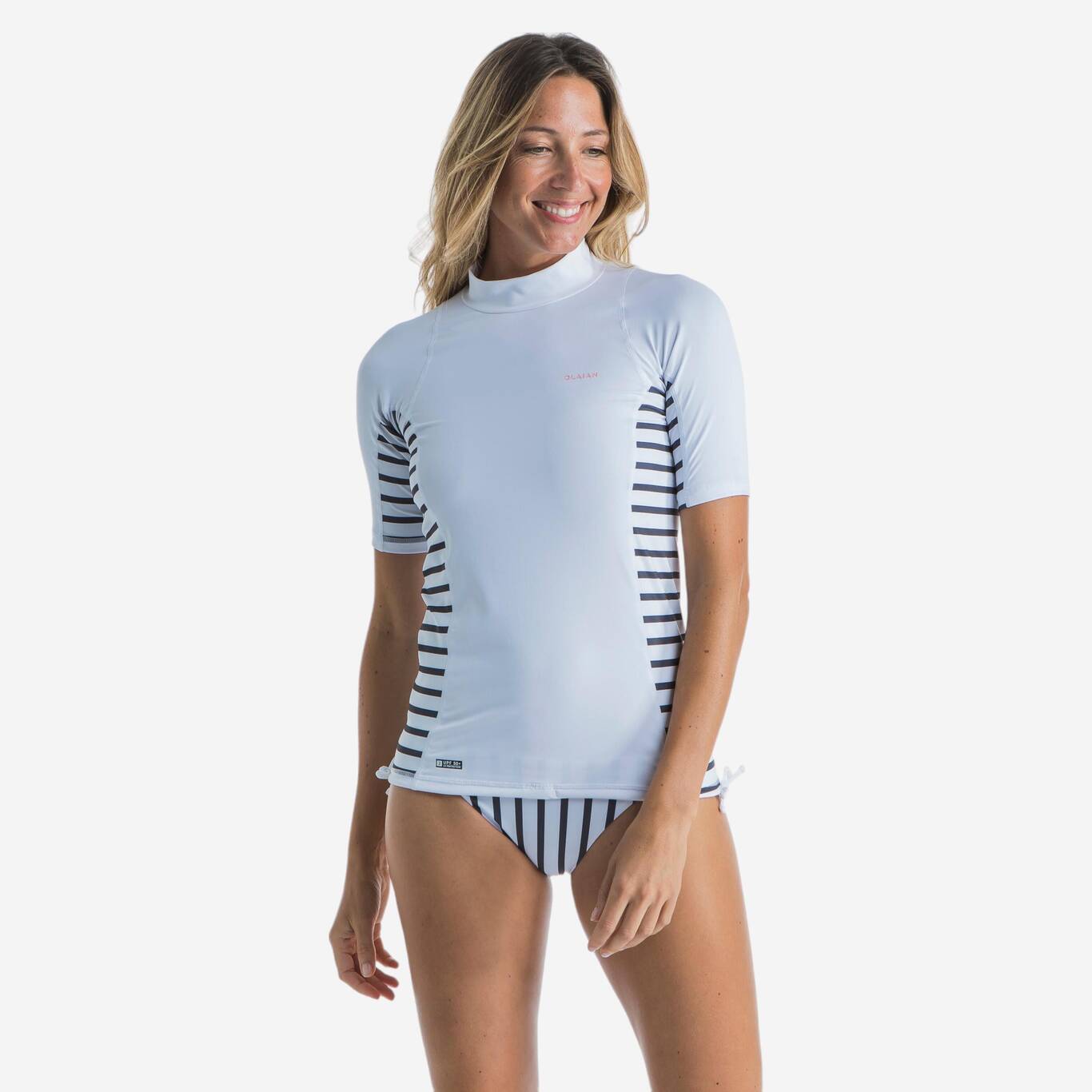 Women's Surfing UV-Protect Short Sleeve Top T-Shirt 500 MARIN STRIPE WHITE GREY