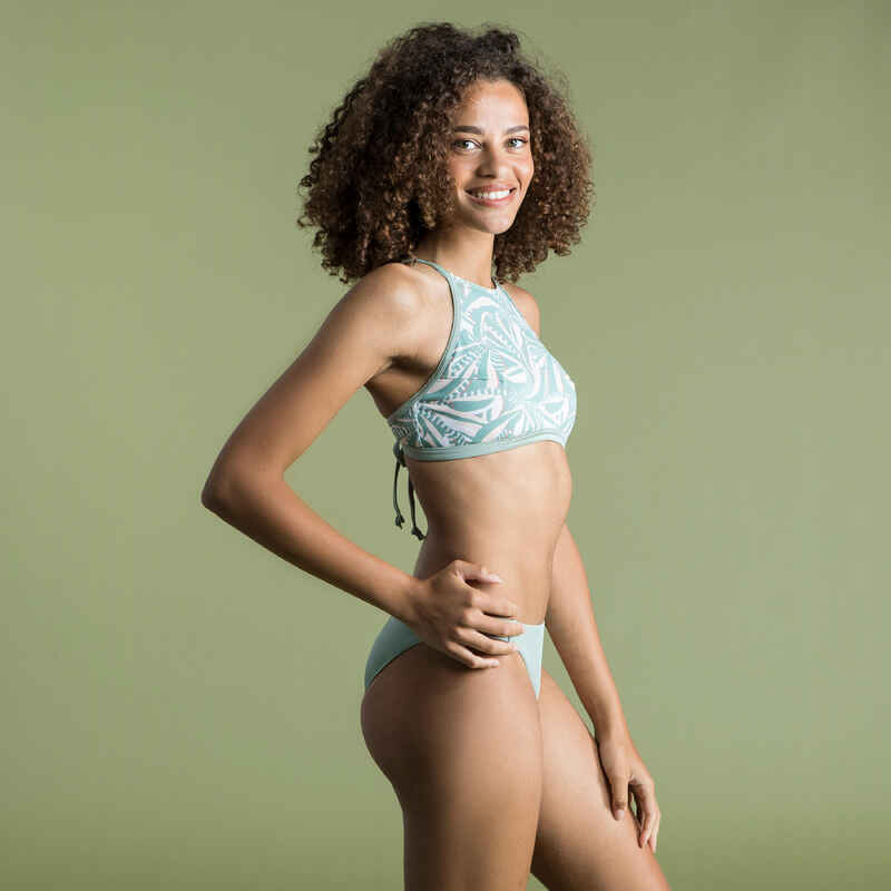 Top bikini Mujer surf deportivo cuello halter caqui estampado