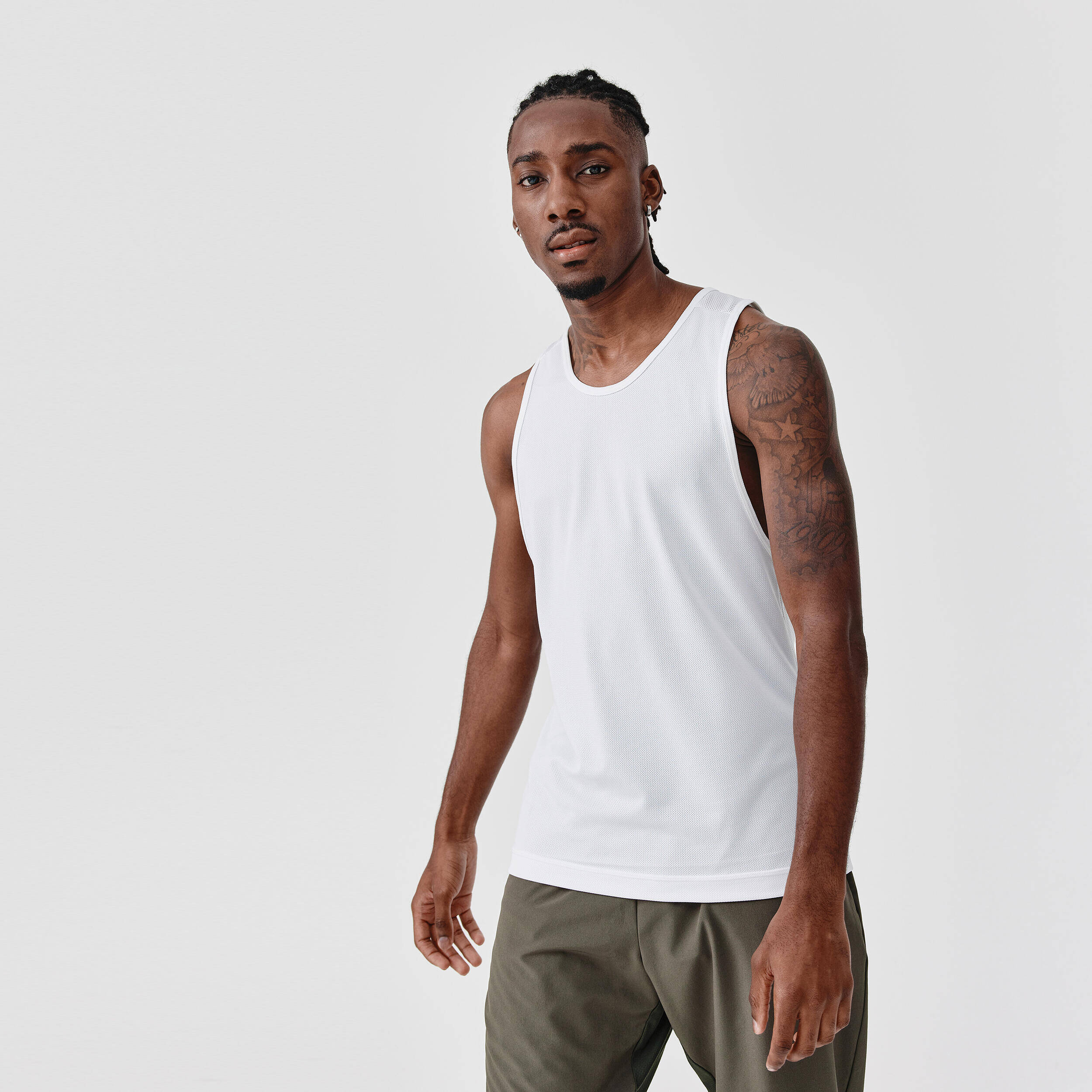 Men Running Tank Top, Breathable, Crew Neck, Regular Fit, Quick Dry - White