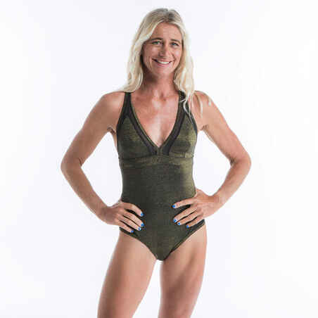 WOMEN'S SURFING ONE-PIECE SWIMSUIT X-SHAPED BACK ISA - SPARKLE BLACK GOLD