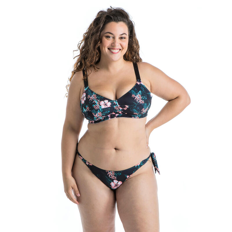 Bikini-Hose Damen hoher Beinausschnitt seitlich gebunden Sabi Hibisco schwarz