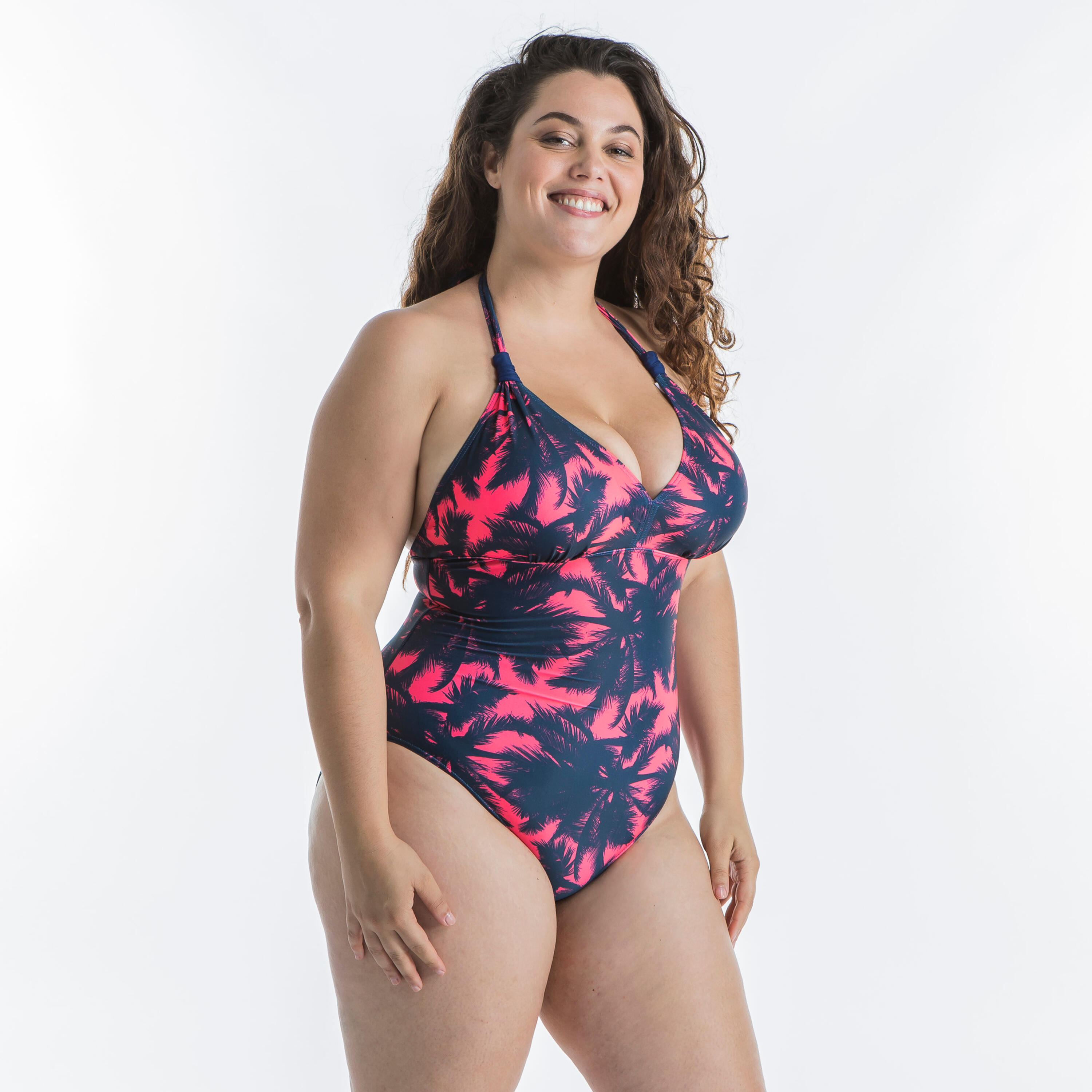 Banador Mujer surf escote V rosa tropical Decathlon