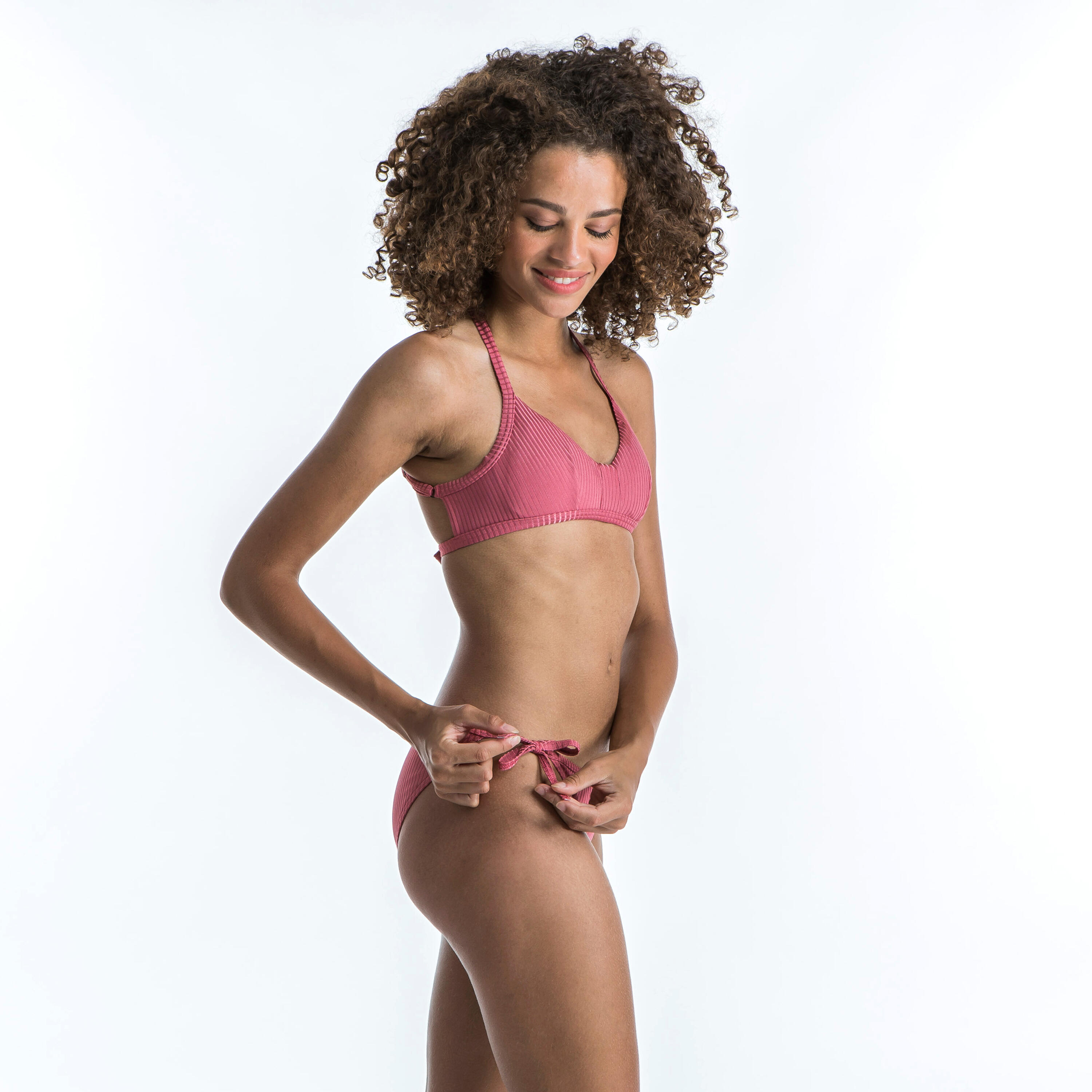 CROP TOP Swimsuit Top with Structured and Adjustable Back CARO RIBBED PINK OLAIAN Decathlon