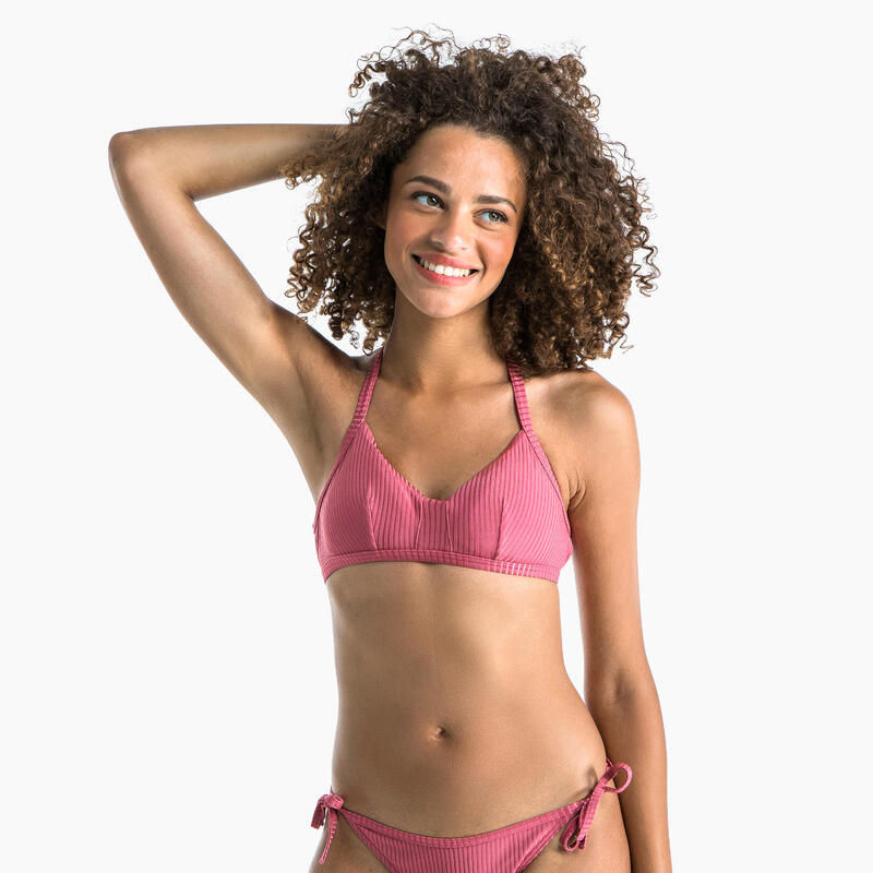 Top bikini Mujer deportivo escote V acanalado rosa
