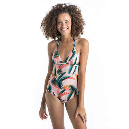 Women's One-Piece Swimsuit with Tie Neck & Back, Removable Cups MAE - JUNGLE