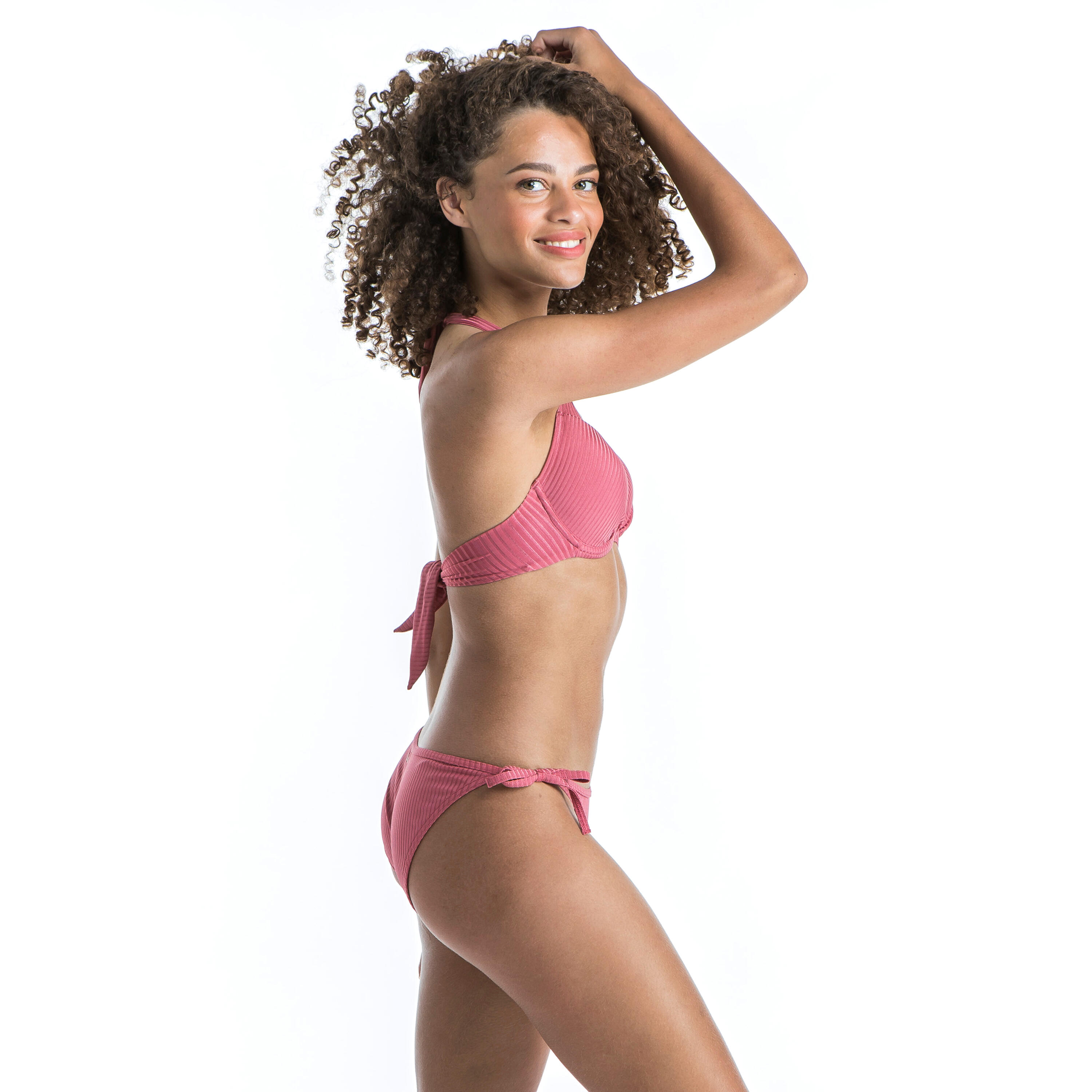 Women's Push-Up Swimsuit Top with Fixed Padded Cups ELENA - RIBBED PLAIN PINK 7/9