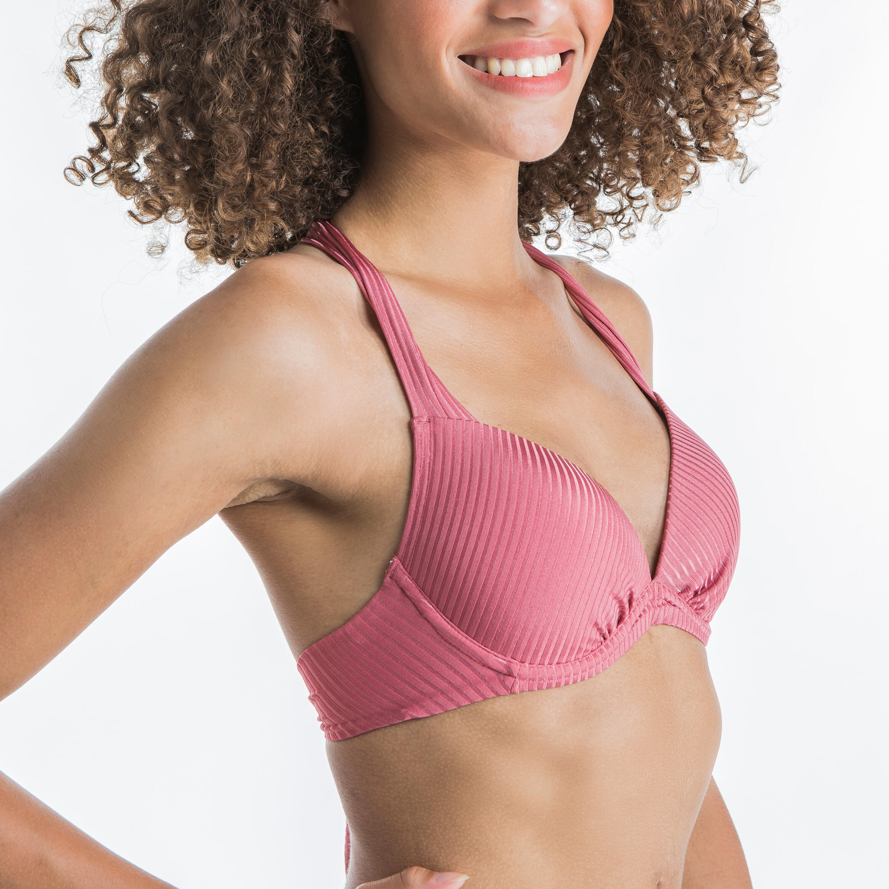 Women's Push-Up Swimsuit Top with Fixed Padded Cups ELENA - RIBBED PLAIN PINK 4/9