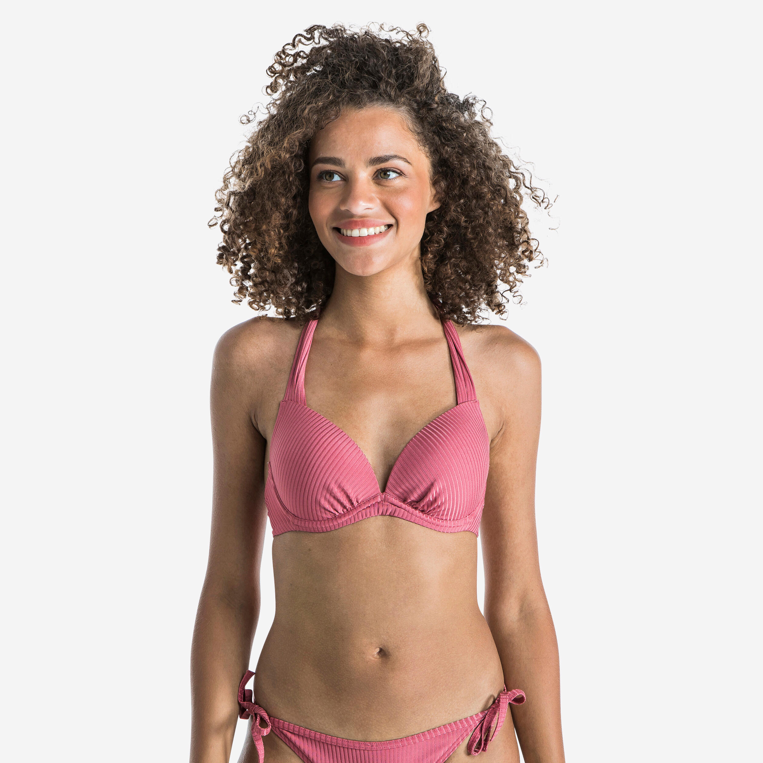 Women's Push-Up Swimsuit Top with Fixed Padded Cups ELENA - RIBBED PLAIN PINK 1/9