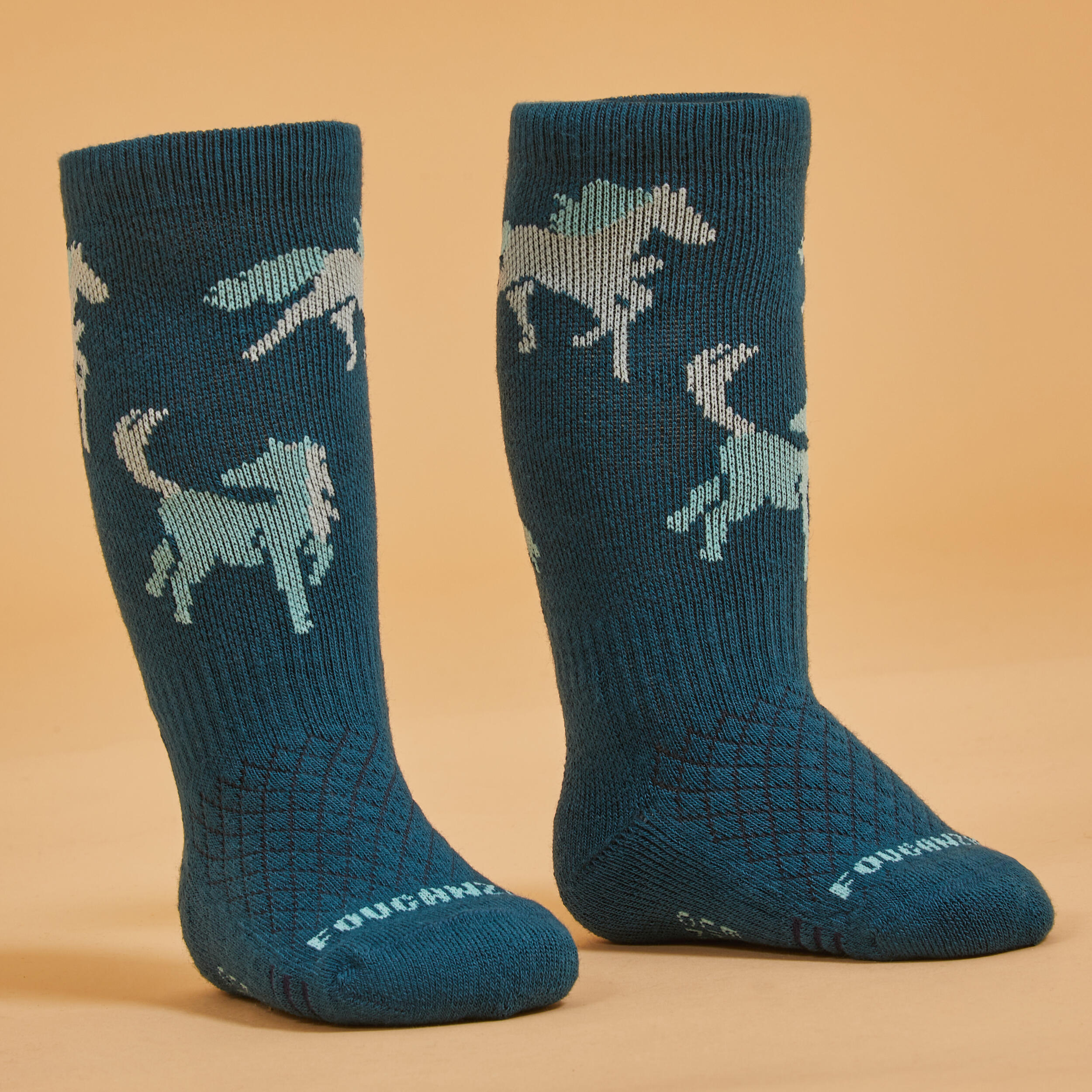 Horse Riding Socks 500 Baby - Turquoise/Green with Designs 6/10