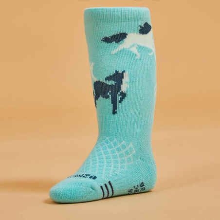 Horse Riding Socks 500 Baby - Turquoise/Green with Designs