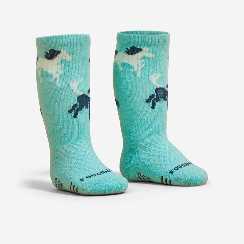 Chaussettes équitation 500 BABY turquoise et vert avec motifs