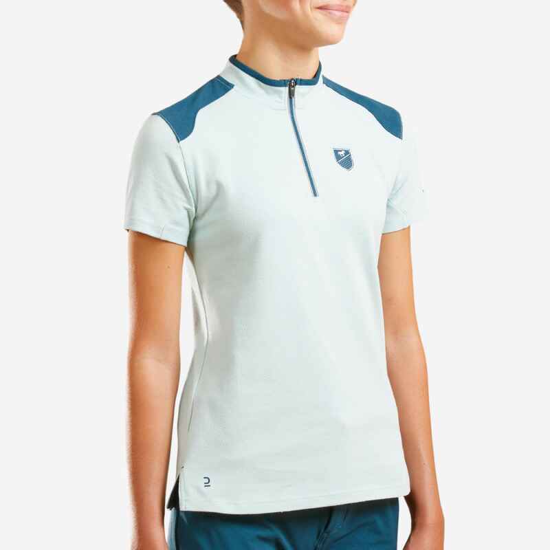 Reit-Poloshirt 500 kurzarm Kinder hellgrün/petrol Reit-Poloshirt 500 kurzarm Kinder hellgrün/petrol