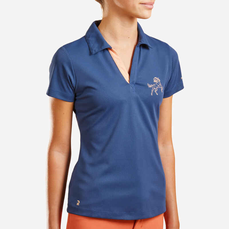 Reit-Poloshirt 500 kurzarm Mesh Kinder blau/orange