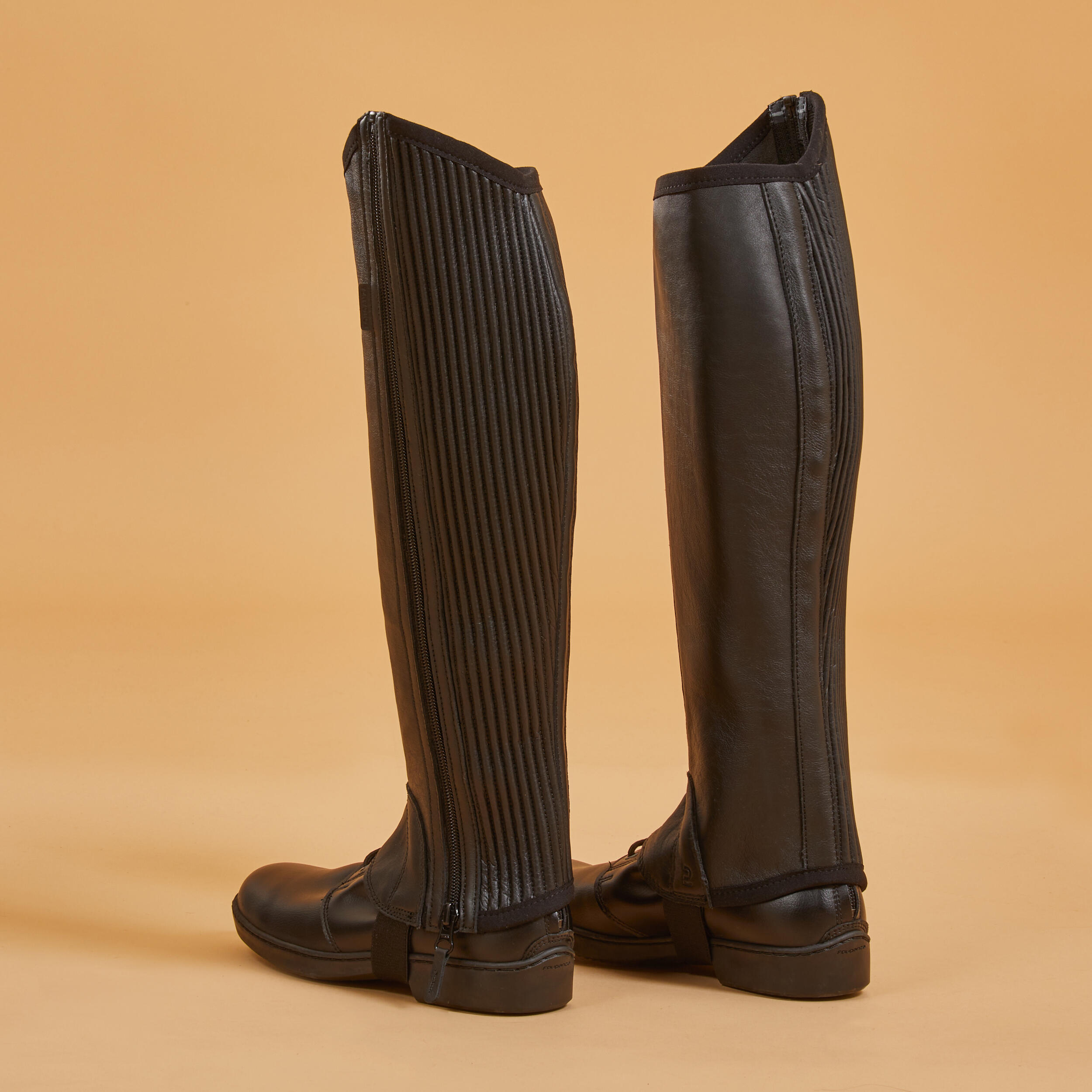 Horse Riding Leather Half-Chaps with Gusset - Black - FOUGANZA
