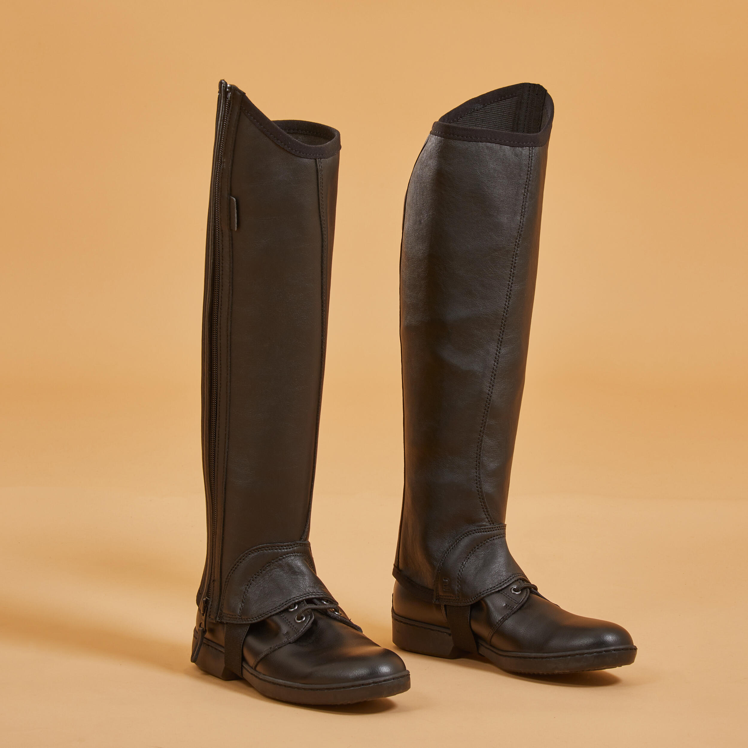 Horse Riding Leather Half-Chaps with Gusset - Black - FOUGANZA
