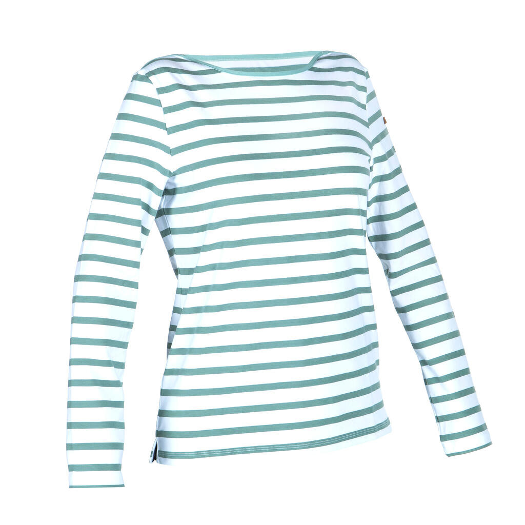 Shirt langarm Damen 100 grün/weiss