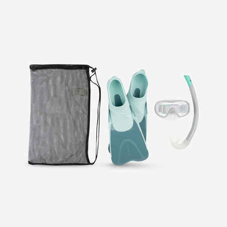 Kit Aletas Máscara Tubo Snorkel SNK 500 Niños Azul Gris Menta Pastel