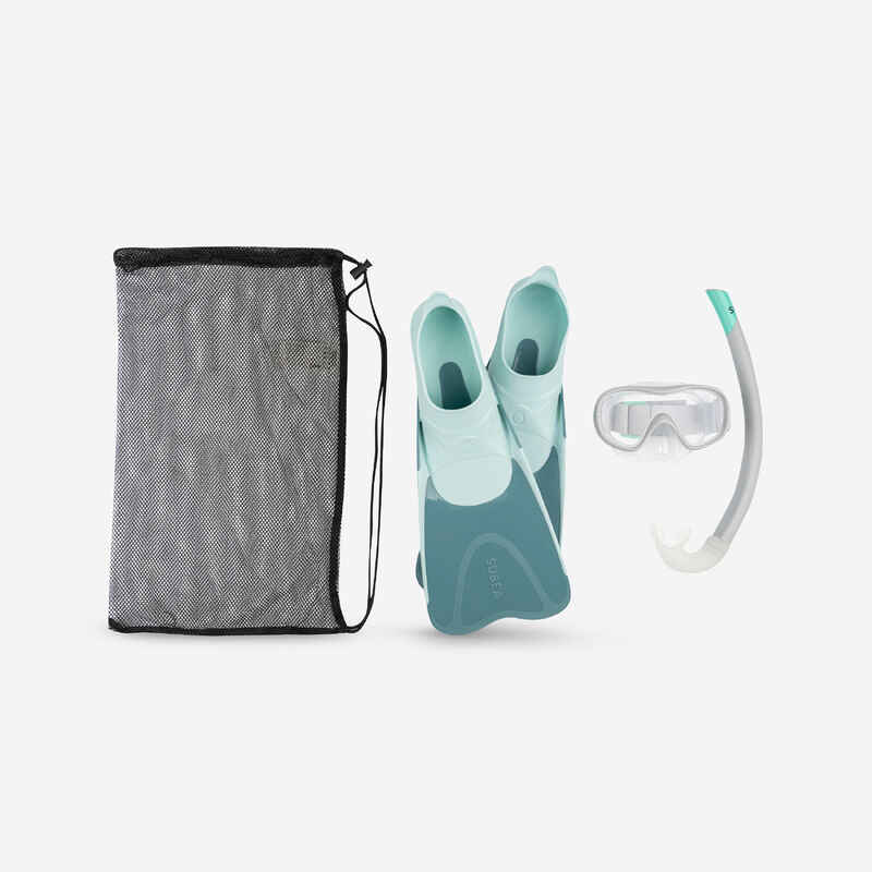 Schnorchel-Set SNK 500 mit Flossen Maske Schnorchel für Kinder blaugrau/grün