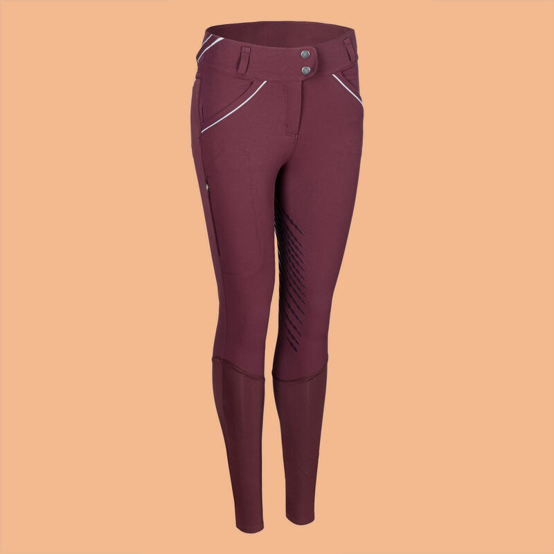 Reithose 900 Classic Kniebesatz Grip Damen dunkelrot