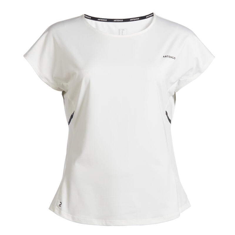 T-Shirt tennis col rond dry soft femme - Dry 500 blanc cassé