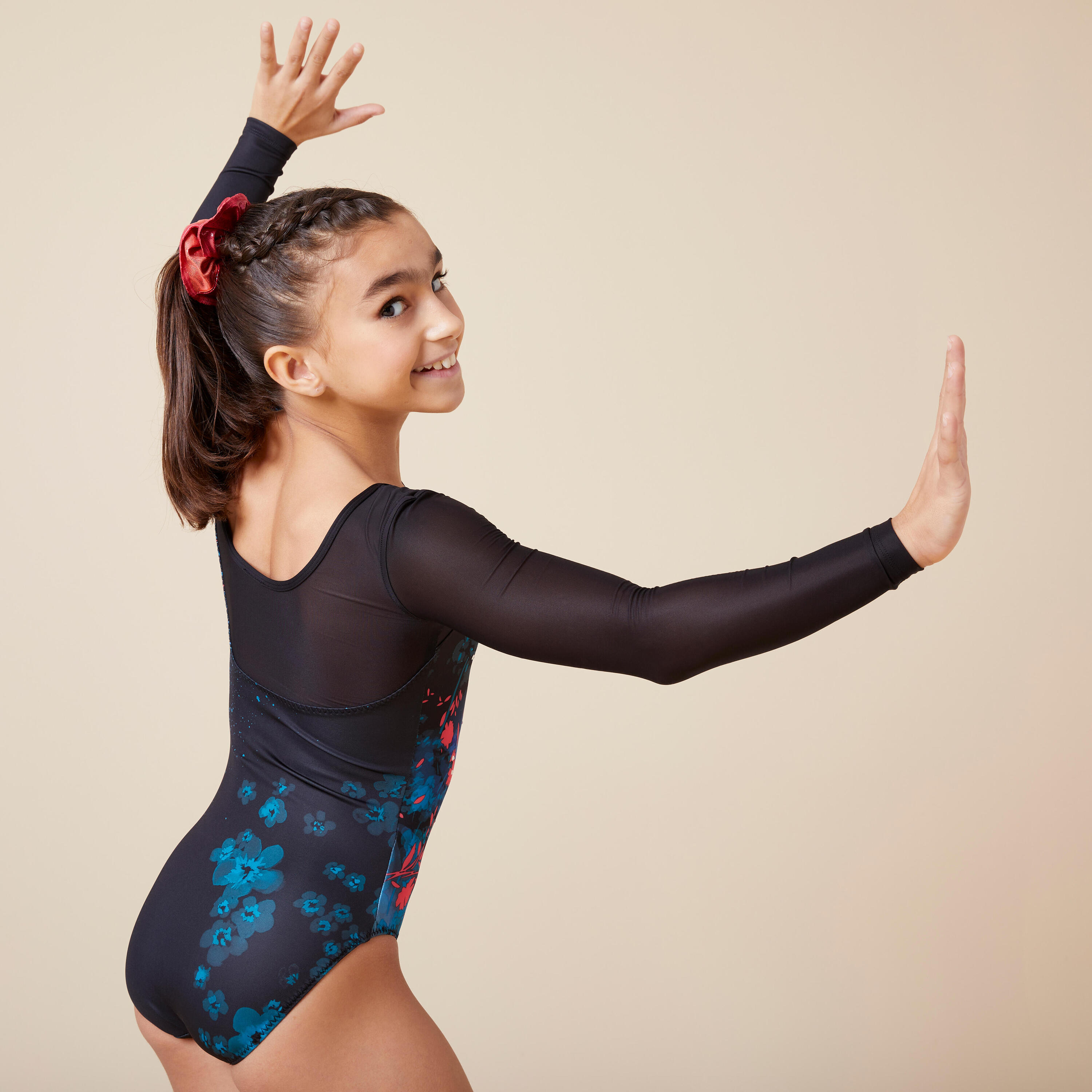 Girls' Gym Long-Sleeved Rhinestone Leotard JML 980 - Black Flower Print 3/8
